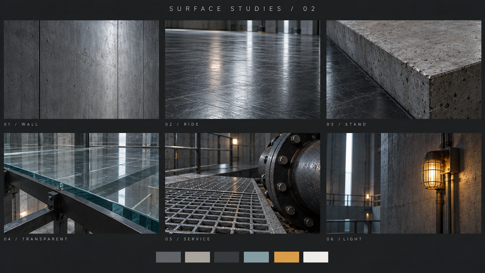Six material photographs: sealed wall, glazed riding surface, matte concrete platform, clear structural glass, service metal and amber lighting.