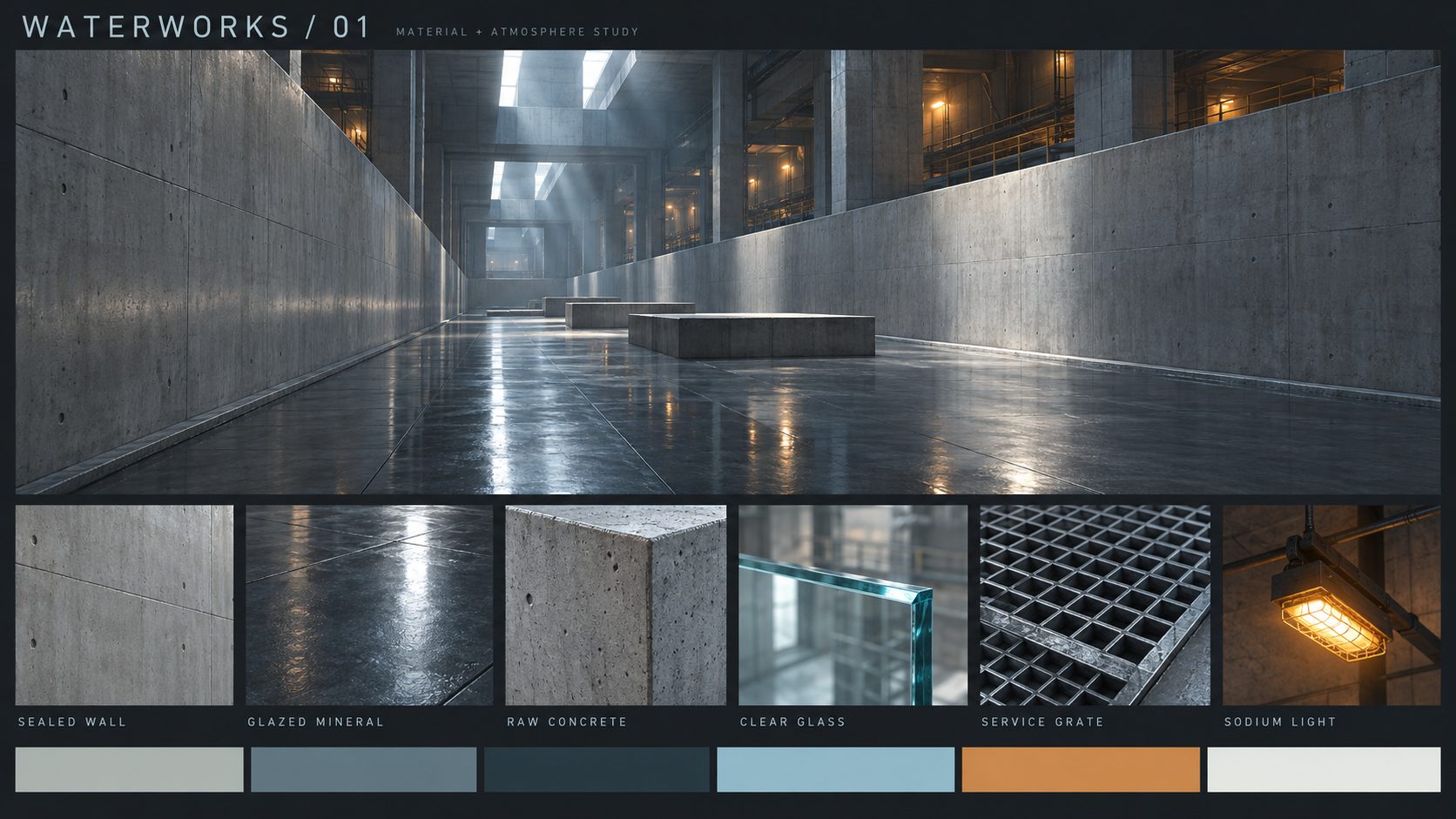 Waterworks moodboard: cold skylight across a concrete channel, reflective graphite floor, smooth concrete walls, glass, grates and small amber lamps.